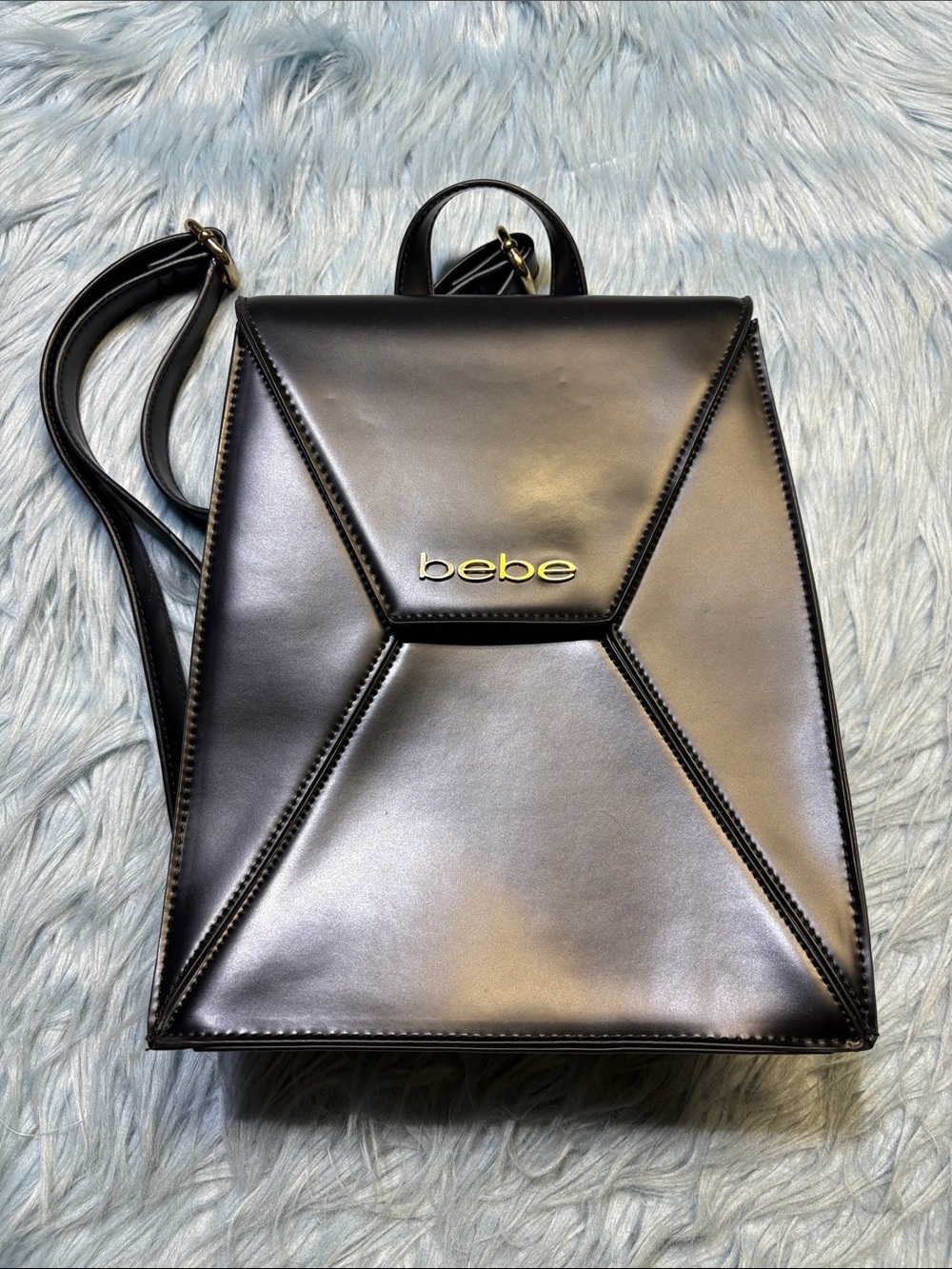 bebe Black Geometric Paneled Faux Leather Backpack